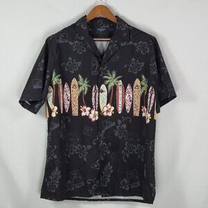 Year In Year Out XL Hawaiian Shirt Black Surfboards Palms Tropical Beachwear